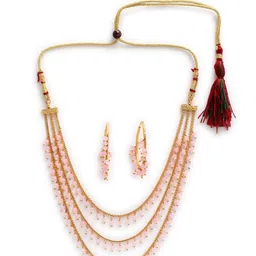 ZENEME Gold-Plated Pink Pearl Drop 3 Intricate Layered Jewellery Set image 5