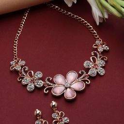 ZENEME Rose Gold-Plated American Diamonds-Studded Floral Necklace & Earrings-picture-19