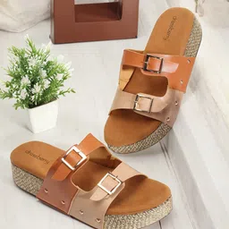 DressBerry Tan Brown & Beige Colourblocked Double Open Toe Flatform Heels With Buckles image 1