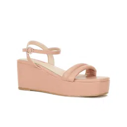 Bata Women Peach-Coloured PU Wedge Heel with Buckles-image-7