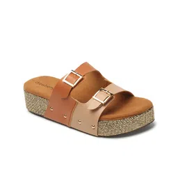 DressBerry Tan Brown & Beige Colourblocked Double Open Toe Flatform Heels With Buckles image 3