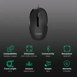 Croma Wired Optical Mouse with 4 Buttons (2400 DPI Adjustable, Ambidextrous Design, Black) image 2