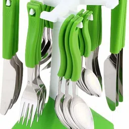 kb sells 24 Pcs Stainless Steel Cutlery Set/ Spoon Set with Stand for Dining/Spoon and Fork Set/Spoon Stand Holder (Green) Plastic, Stainless Steel Cutlery Set-picture-22