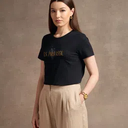 u.s. polo assn. Women Printed Crew Neck Pure Cotton Black T-Shirt image 4