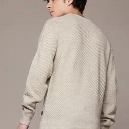 roadster Men Printed Round Neck Beige Sweater image 4