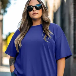 juneberry Plus Size Women Solid Round Neck Pure Cotton Blue T-Shirt-picture-15