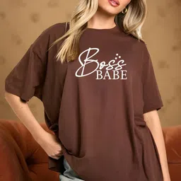 hivewear Women Printed Round Neck Cotton Blend Brown T-Shirt-picture-12
