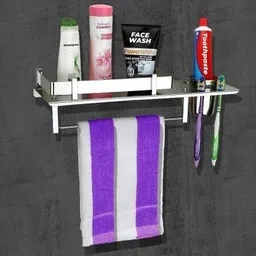 seltix Stainless Steel 3 in 1 Multipurpose Bathroom Shelf/Rack/Towel Hanger/Tumbler Holder/Chrome finish Bathroom Accessories (14 x 5 Inches) - Pack of 1 Silver Towel Holder (Stainless Steel) SILVER Towel Holder-picture-11