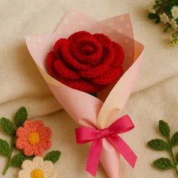 Clapjoy Big Red Rose Crochet Flower Bouquet – Handmade with Pink Wrap & Bow Red Rose Artificial Flower-image-30
