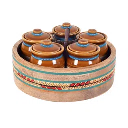 aakriti art creations Multicolor Ceramic and Wood 5 Pcs Storage Jar with Spoon & Tray image 3