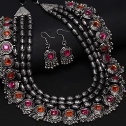 Oxidized Heaven Silver-Plated Stone Studded & Beaded Jewellery Set-picture-32
