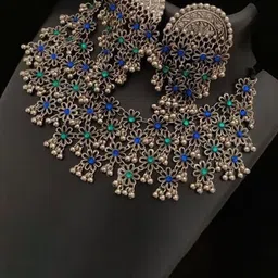 Oxidized Heaven Sterling Silver-Plated Stone Studded & Beaded Jewellery Set-picture-31