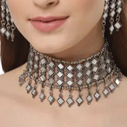 Oxidized Heaven Sterling Silver-Plated Mirror Studded & Beaded Jewellery Set-picture-40