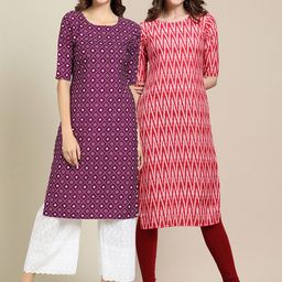 7threads 1 Stop Fashion Women Pack Of 2 Purple & Red Geometric Crepe Kurtas-picture-43