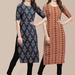7threads 1 Stop Fashion Women Pack of 2 Teal & Rust Floral Printed Crepe Kurta-picture-19