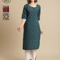 7threads KALINI Pack of 3 Geometric Printed A-Line Regular Crepe Kurtas-picture-5