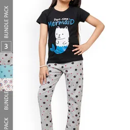 IndiWeaves Kids Girls Pack of 3 Pure Cotton Printed Lounge Pants-picture-33