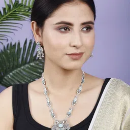 DEGHLAM Silver-Plated Stones Studded & Beaded Oxidised Jewellery Set image 3