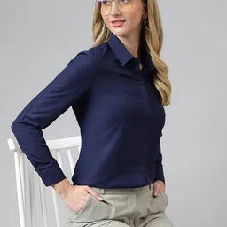 english navy Women Regular Fit Self Design Spread Collar Formal Shirt-picture-25