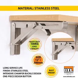 btl Premium Heavy Duty Stainless Steel Folding Table Bracket for Fold Down Table with Load Capacity - 100Kg - Size 12 Inches - BTB-12-SS Arm Length-30 CM Shelf Bracket image 2
