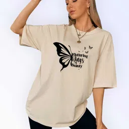 fluffy enterprises Women Printed Round Neck Cotton Blend Beige T-Shirt-picture-12