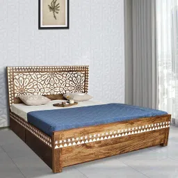 fabuliv Clarence Queen Size Bed In Teak Finish With Drawer Storage image 1