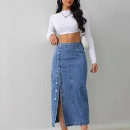 vestis Women Solid Pencil Blue Skirt image 1