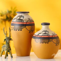 aakriti art creations Madhubani Earthen Dartix (Set Of 2) Yellow Terracotta Floor Vases image 1