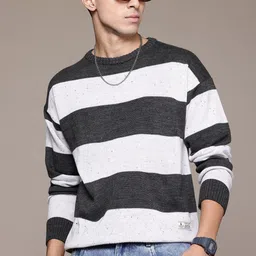roadster Men Striped Round Neck Black Sweater image 1