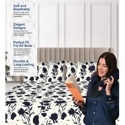 sleepsia Black and White Blooms 100% Cotton Queen Double Bedsheet 180 TC with 2 Pillow Covers image 4