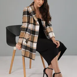 honnete 100 % Polyester Checkered Coat For Women-picture-25