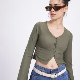 glitchez Casual Regular Sleeves Self Design Women Green Top-picture-17