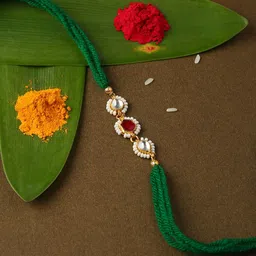 justpeachy Men Green & White Kundan-Studded & Beaded Rakhi With Roli & Akshada-picture-18