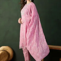 Sangria Embroidered Pure Cotton Straight Kurta With Trouser & Dupatta Set image 4