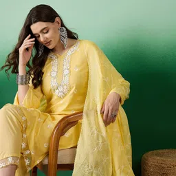 Sangria Lucknowi Handwork Embroidered Pure Cotton Kurta With Trousers & Dupatta image 1