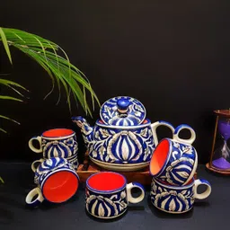 laxmi creation Pack of 7 Ceramic align blue mughal Tea set with kettle with cup image 3