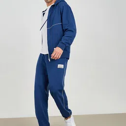 Styli Men Navy Blue Contrast Piping Detail Zip Through Fleece Tracksuit-image-5