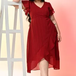 prettyplus by desinoor.com Women Fit and Flare Maroon Below Knee Dress-picture-11
