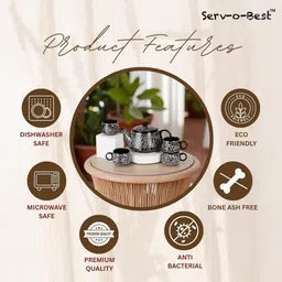 serv-o-best Ceramic Tea & Milk Kettle Pot with 6 Cups | 1 Kettle (750 ml) & 6 Cups (120 ml) Cup Serving Set image 4