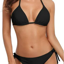 mon fashion collection Solid Women Bikini Black Swimsuit image 1