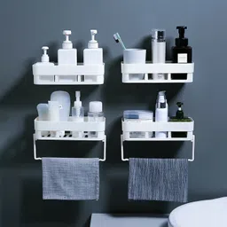 hxoset 4 PC Multipurpose Wall Holder Bathroom Storage Rack With Towel Hanger Plastic Wall Shelf-picture-20