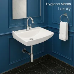 kriss kross Ceramic Rectangular Wall-Hung Wash Basin Modern Wall‑Mounted Sink for Bathroom & Living Room | Glossy White, Single Tap Hole | Compact Space‑Saving Table Top Basin image 4