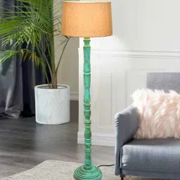 homesake Rustic Wood Floor Lamp, Walnut Brown with Multicolor Fabric Shade, Algae Stick, Jute image 1
