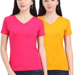 fleximaa Pack of 2 Womens V Neck Half Sleeve Tshirt Women Solid V Neck Pure Cotton Multicolor T-Shirt-picture-35