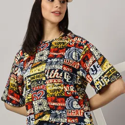 diversify Women Printed Round Neck Pure Cotton Multicolor T-Shirt image 5