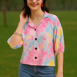 Women Boxy Fit Floral Print Lapel Collar Casual Shirt-image-97