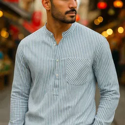 Men Striped Cotton Blend Straight Kurta-image-10