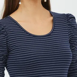 harpa basics Women Striped Round Neck Pure Cotton Blue T-Shirt image 5