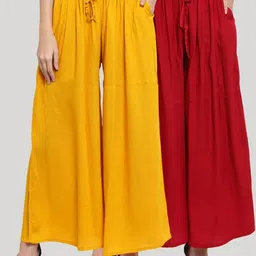 kanjilal Pack of 2 Women Flared Red, Yellow Viscose Rayon Trousers-picture-12
