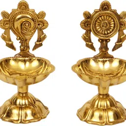 t-ka108 Diya for Puja Lamp for Home Temple Puja-Shanku Chakra Star Diya Set-Small Brass (Pack of 2) Table Diya-picture-24